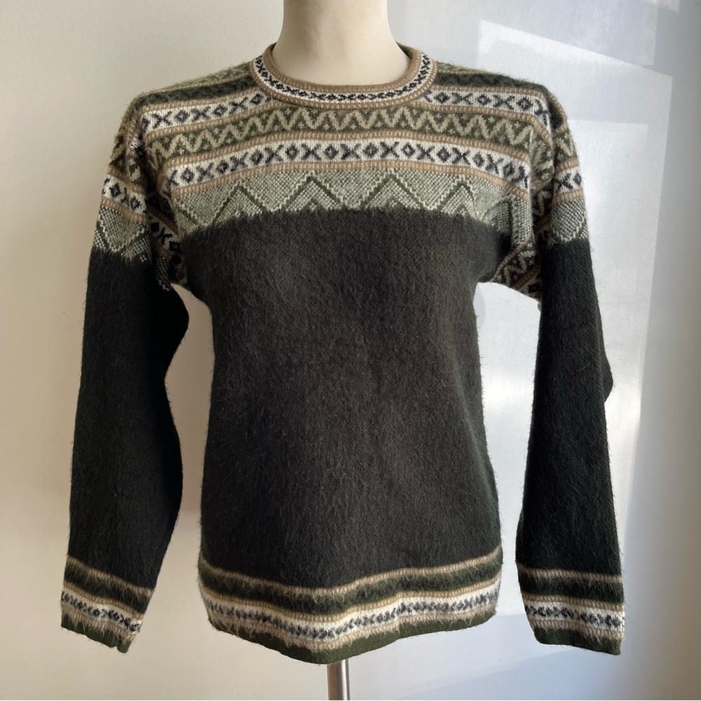Tejidos Aly Marka Women's Fair Isle Alpaca Wool Sweater Green Ecuador Medium